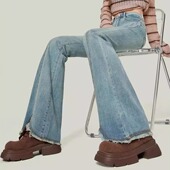 女春款 高腰修身 显瘦马蹄拖地裤 浅蓝色毛边微喇叭牛仔裤 2025年新款