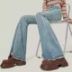 女春款 高腰修身 显瘦马蹄拖地裤 浅蓝色毛边微喇叭牛仔裤 2025年新款