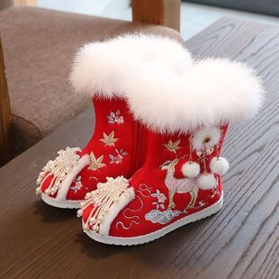 冬季加厚女童汉服鞋配拜年公主中国红色儿童绣花鞋宝宝保暖棉鞋