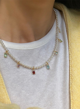 春夏款彩色施家正圆人造水晶玻璃彩色锆石淡水巴洛克天然珍珠项链