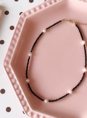 黑水晶天然淡水珍珠女锁骨链