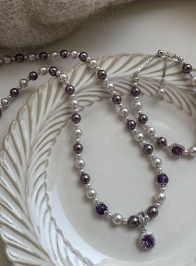 锆石紫水晶吊坠曼塔玫瑰珍珠项链