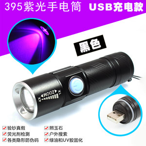 UV395紫光灯LED可充电手电筒防伪验钞笔检测荧光绿油胶水固化灯外