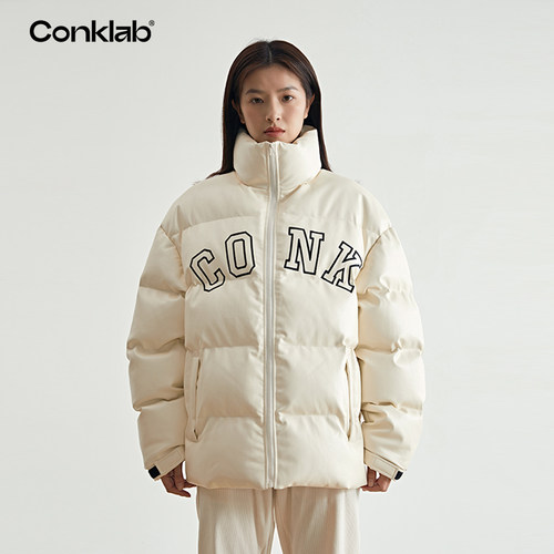 conklab 字母logo棉服男冬加厚保暖pu皮外套高街立领面包服棉衣潮