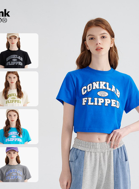 conklab 复古字母短款T恤女夏季宽松休闲纯棉短袖ins国潮牌打底衫