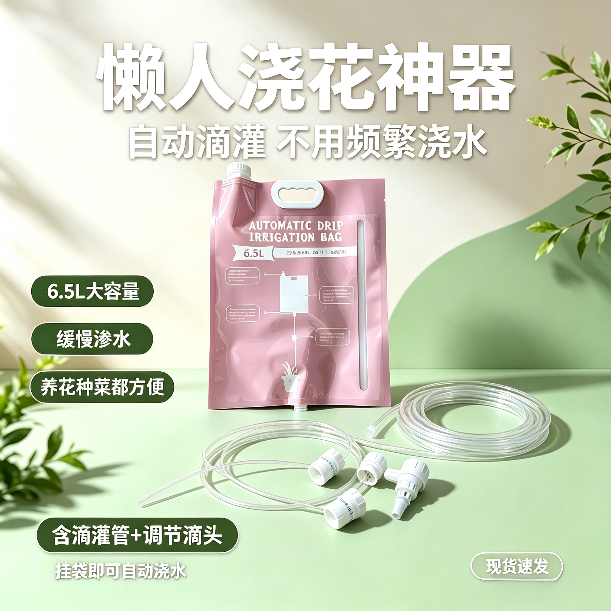出门自动浇水神器 6.5L 滴灌袋 室内多盆花草通用可调节储水袋