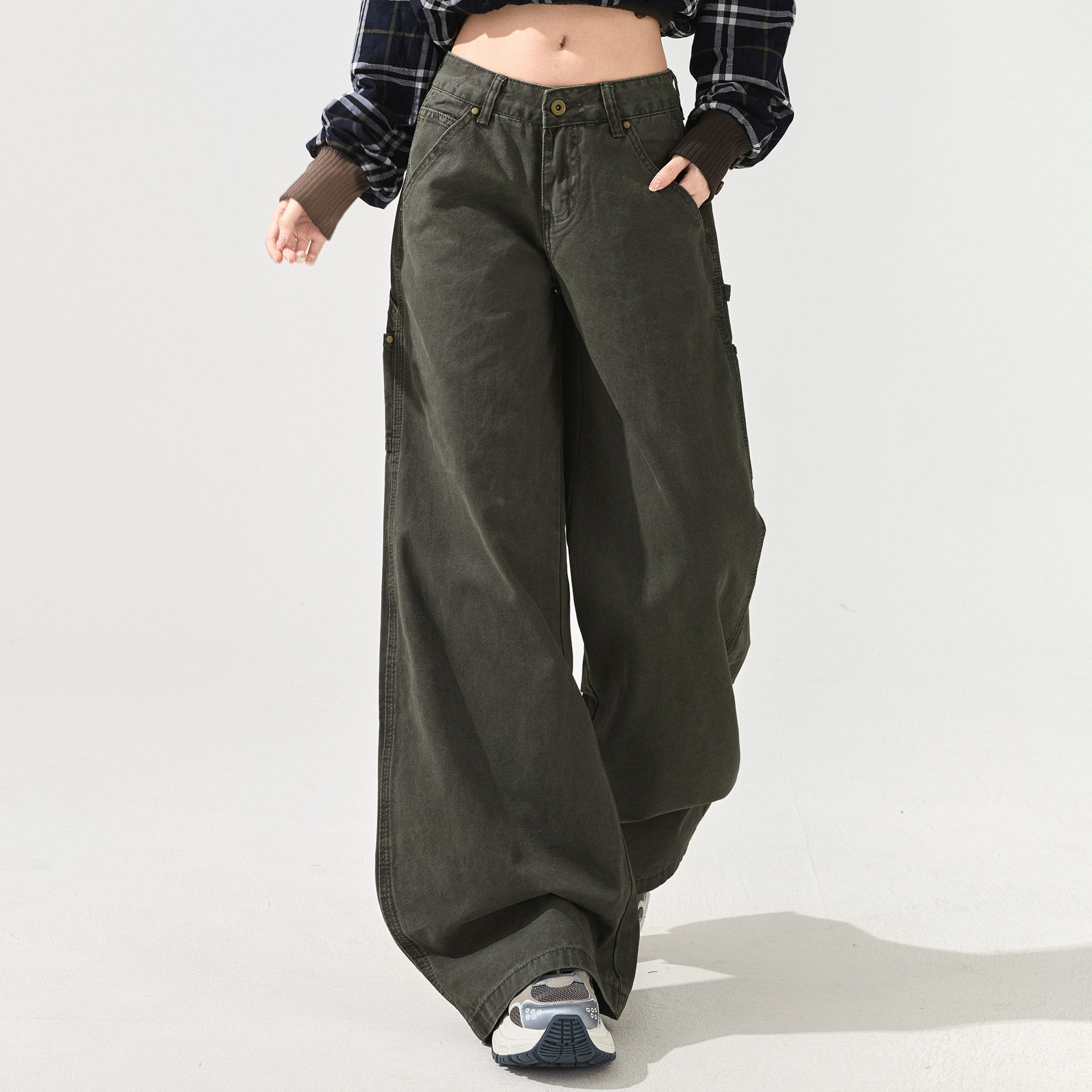 卡其色阔腿牛仔裤女春秋新款美式辣妹低腰宽松垂感拖地工装长裤子,女装/女士精品,牛仔裤,淘宝优惠券,粉丝福利购,淘宝优惠卷