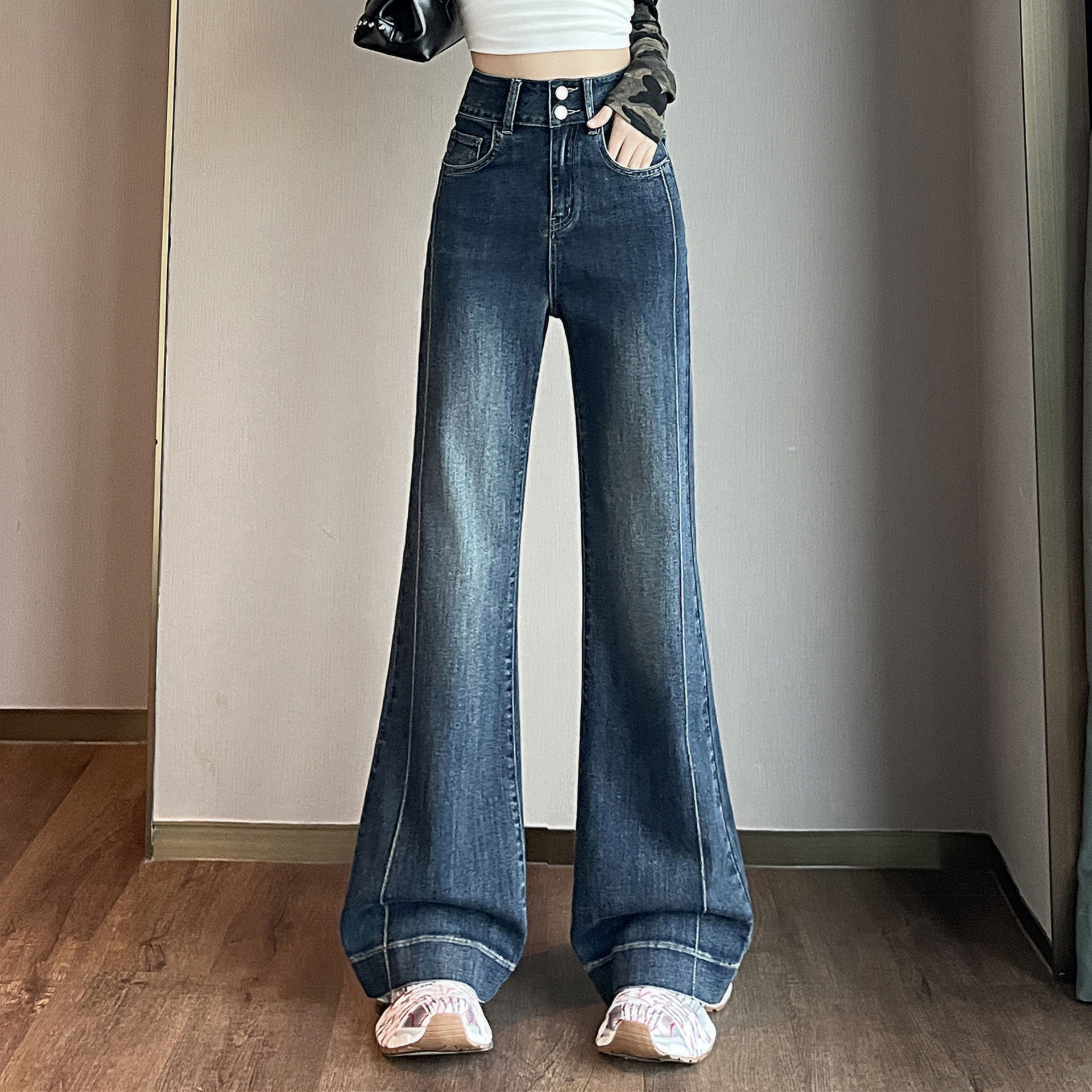 美式复古微喇牛仔裤女春秋新款高腰双扣弹力修身喇叭拖地长裤子潮,女装/女士精品,牛仔裤,淘宝优惠券,粉丝福利购,淘宝优惠卷