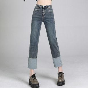 复古烟管拼接撞色宽松设计感九分小脚裤 窄版 子 直筒牛仔裤 秋冬新款