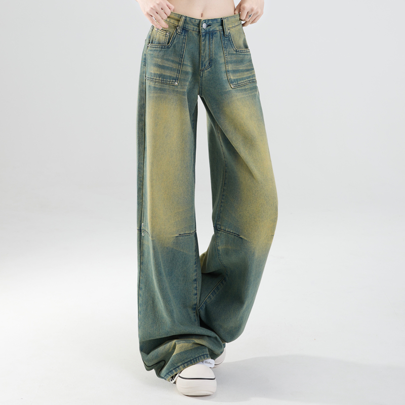 松石绿水纹做旧水洗高腰牛仔裤子