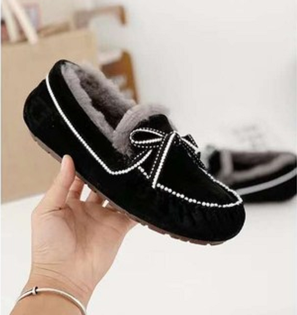 laroΝugg珍珠豆豆鞋女冬羊皮毛一体蝴蝶结雪地靴加绒棉鞋孕妇鞋