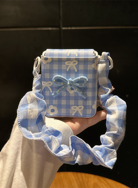 蓝格白花适用小米mix2手机壳三星Zflip7华为Pocket折叠荣耀OPPO FindN3摩托罗拉razr60新款PuraX卡通保护套5