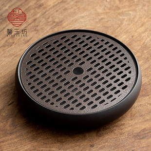 茶盘家用简约蓄水泡茶台功夫茶具茶海陶瓷干泡盘铜面板 圆形储水式