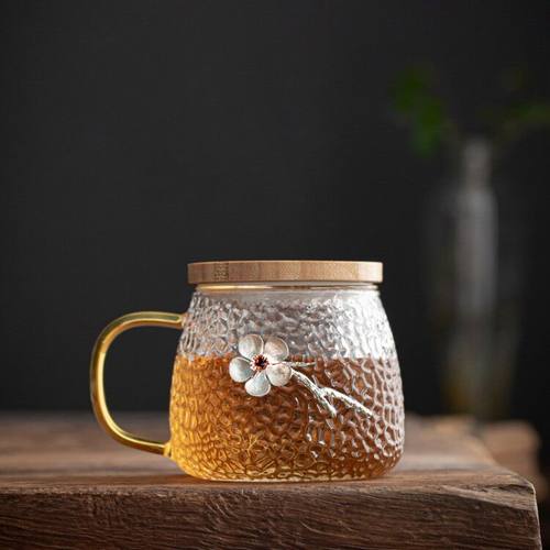 馨玉坊锤纹带把办公室花茶玻璃杯
