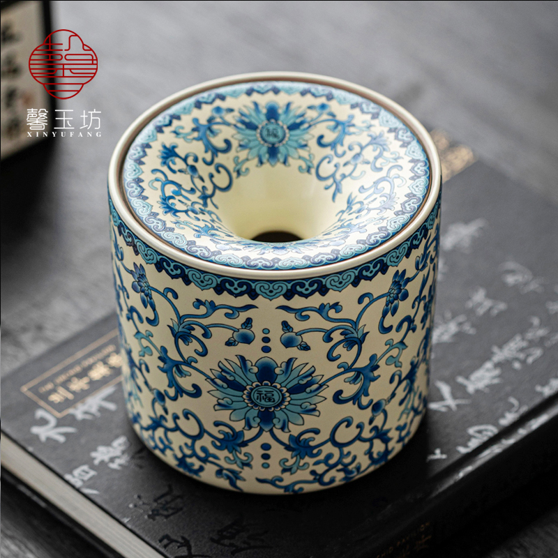 米黄汝窑缠枝莲漏斗烟灰缸茶渣缸