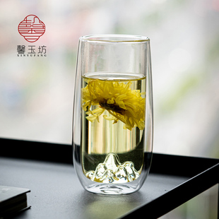 馨玉坊富士山双层隔热玻璃水杯耐热咖啡杯绿茶杯喝茶泡茶杯子家用