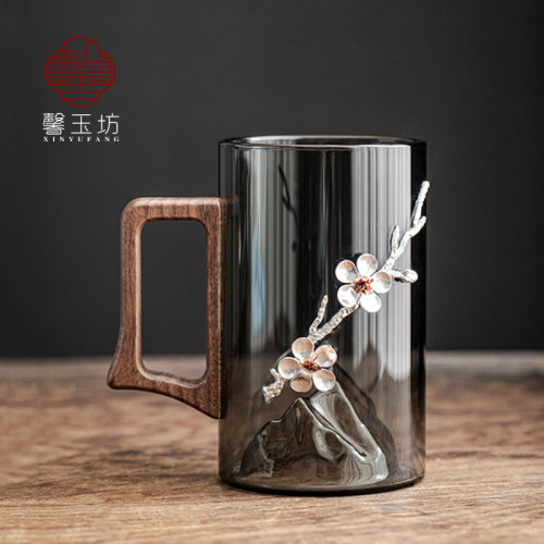 馨玉坊中式锡花烟灰色玻璃杯复古