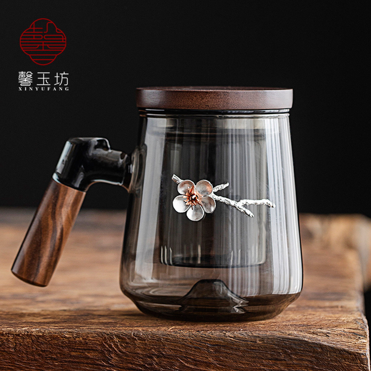 轻奢中式锡制梅花泡茶杯三件套耐热防爆玻璃水杯个人带过滤办公杯