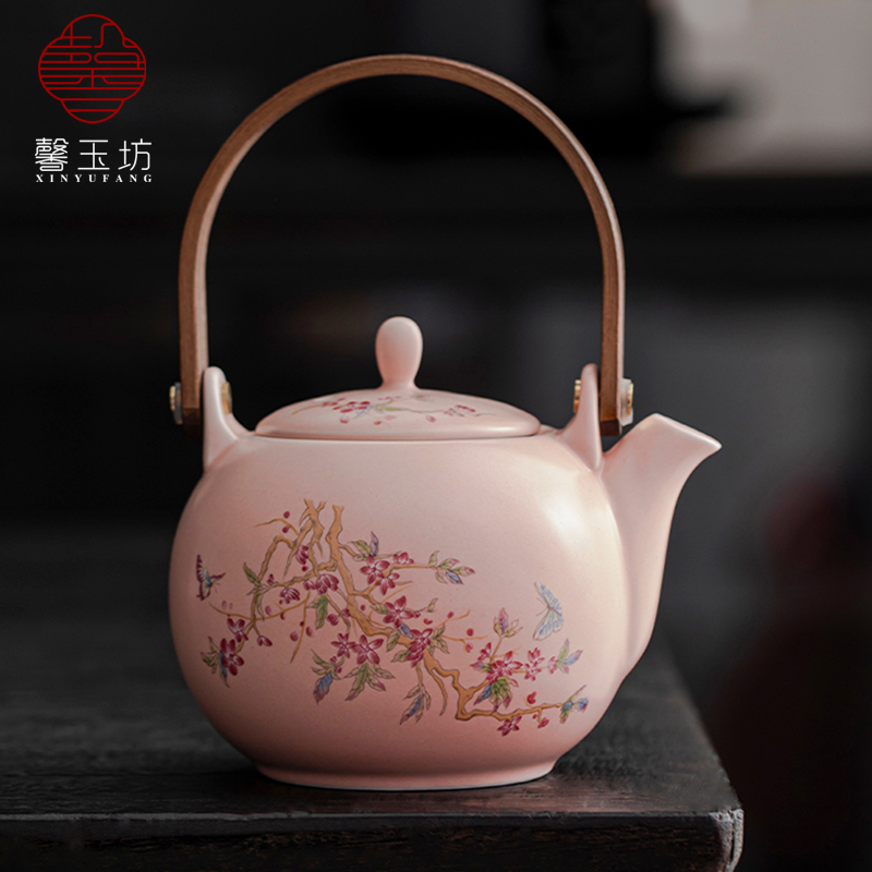 粉色汝窑蝶恋花陶瓷提梁壶泡茶壶