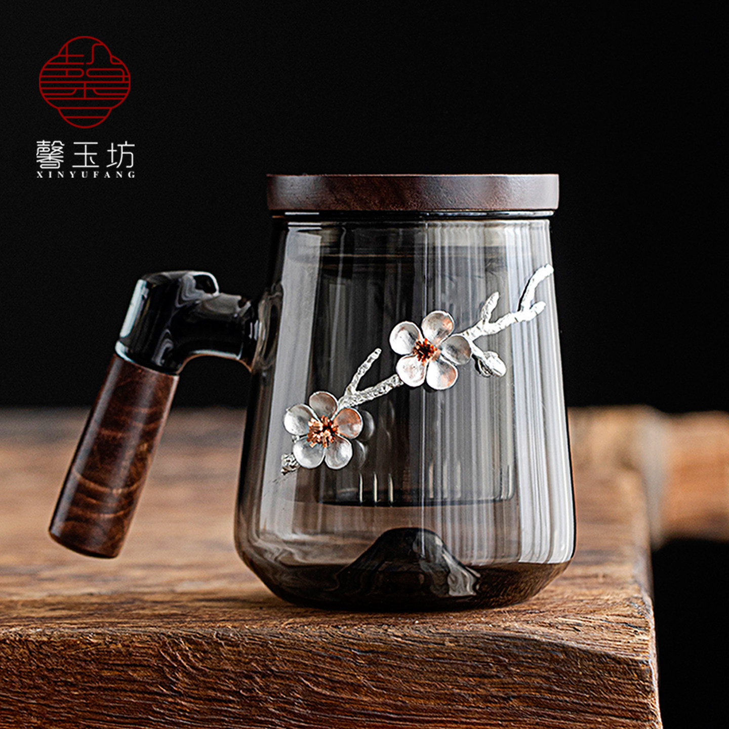 新中式锡梅花过滤泡茶杯大容量办公杯三件套耐热防爆玻璃杯高颜值