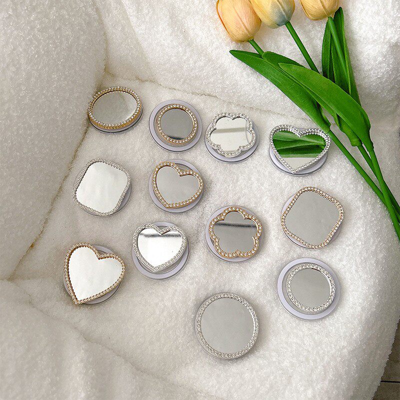 水钻玻璃镜子高级感手机气囊支架背贴爱心花朵方块补妆镜随身便携