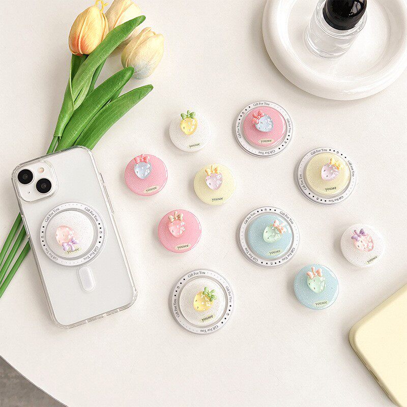 闪粉滴胶小草莓手机气囊支架磁吸可伸缩背贴趣味女款小清新支撑架