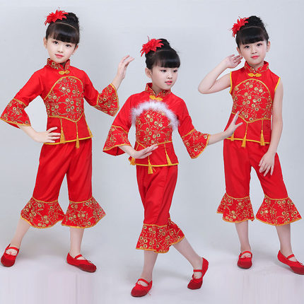 六一儿童秧歌服演出服打鼓服说唱中国红喜庆风幼儿园舞蹈表演服装