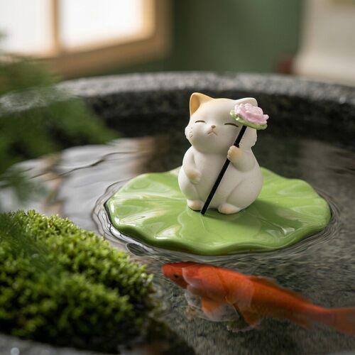 可爱小猫咪荷叶莲花古法鱼缸造景漂浮摆件龟缸水族箱微景观装饰品
