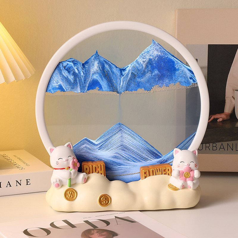 创意招财猫流沙画客厅摆件3D立体沙漏办公室酒柜山水画装饰礼物图片