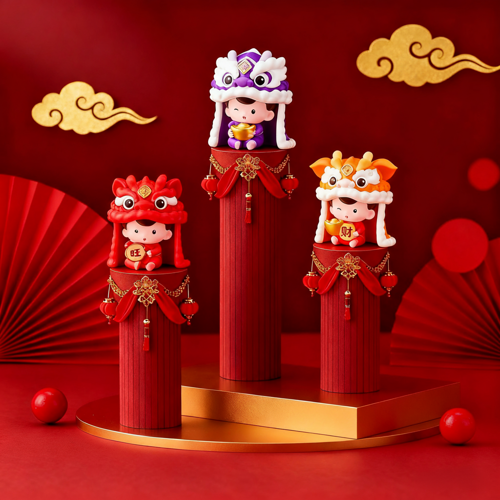 本命年舞狮娃娃摆件红色新年