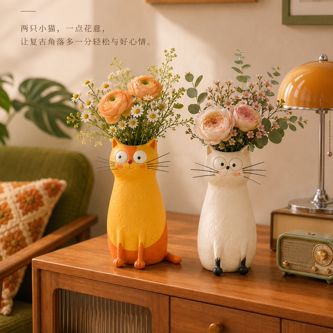 中古风猫咪花瓶摆件玄关斗柜餐边柜桌面插花器民宿咖啡馆软装饰品图片