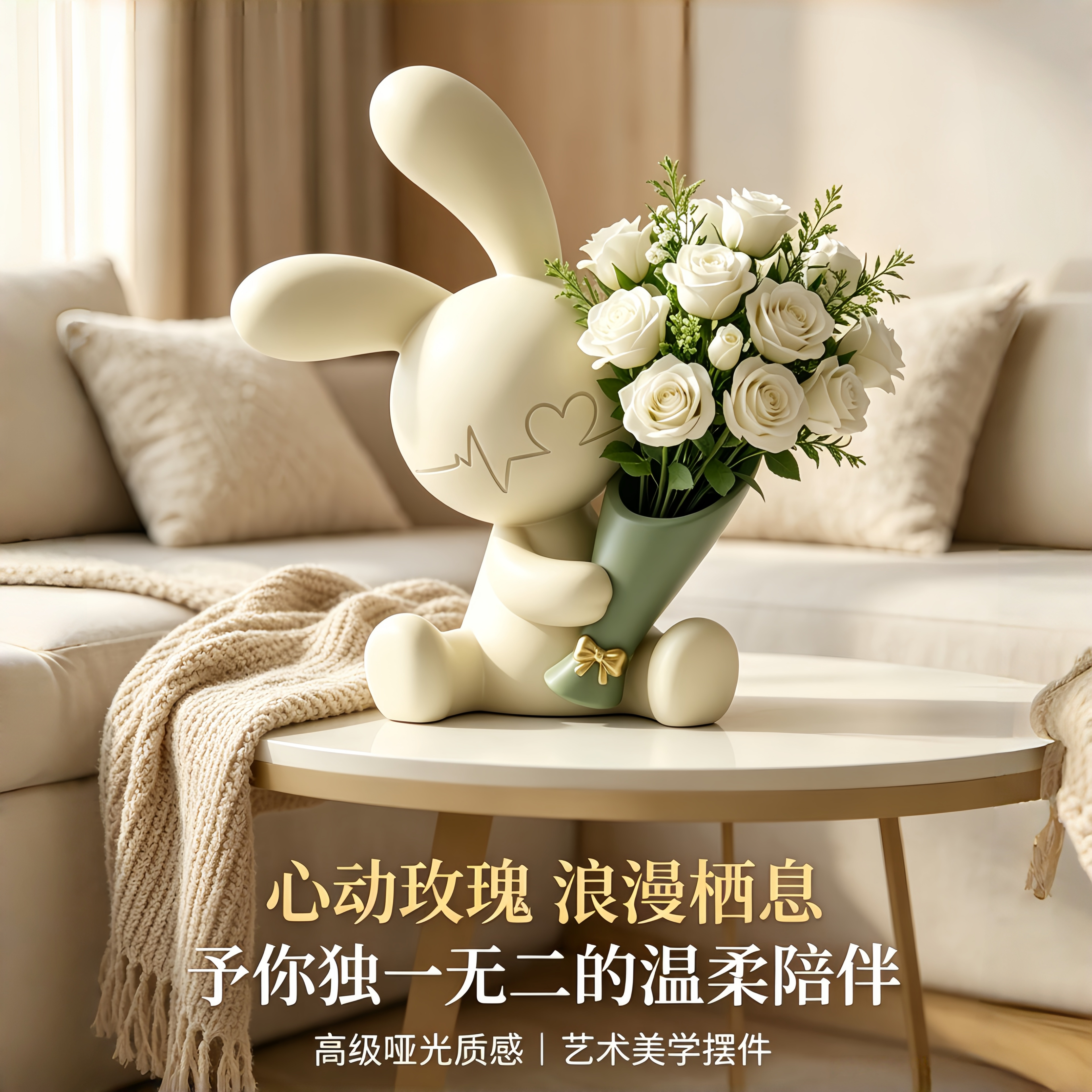 心动兔子捧花花瓶桌面摆件客厅插花轻奢高级感餐桌卧室玄关装饰品