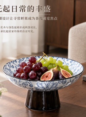 古典雅致蓝白花卉纹高足盘摆件