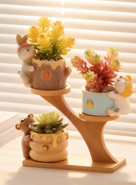 卡通可爱多层木质桌面花架摆件
