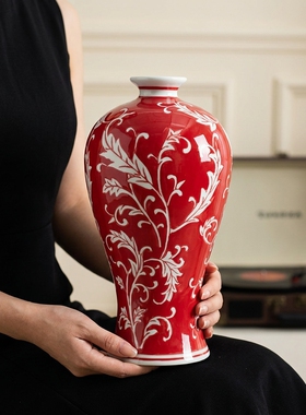 景德镇陶瓷红手绘新中式花瓶