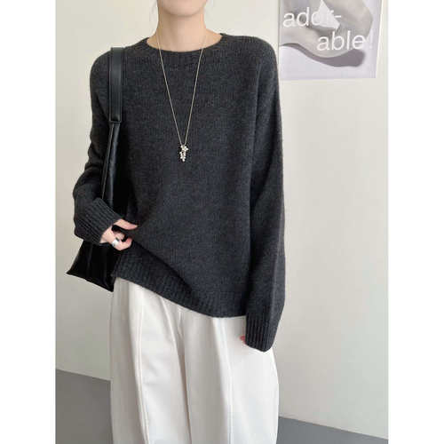 极简风圆领套头牦牛绒长袖宽松百搭针织毛衣女加绒加厚保暖毛衫