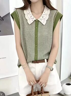 时尚小方领飞飞袖针织衫女背心夏