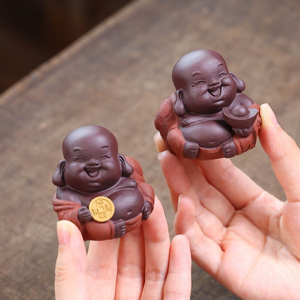 宜兴紫砂茶宠弥勒佛摆件紫泥如来小沙弥雕塑茶具配件装饰陶瓷可养