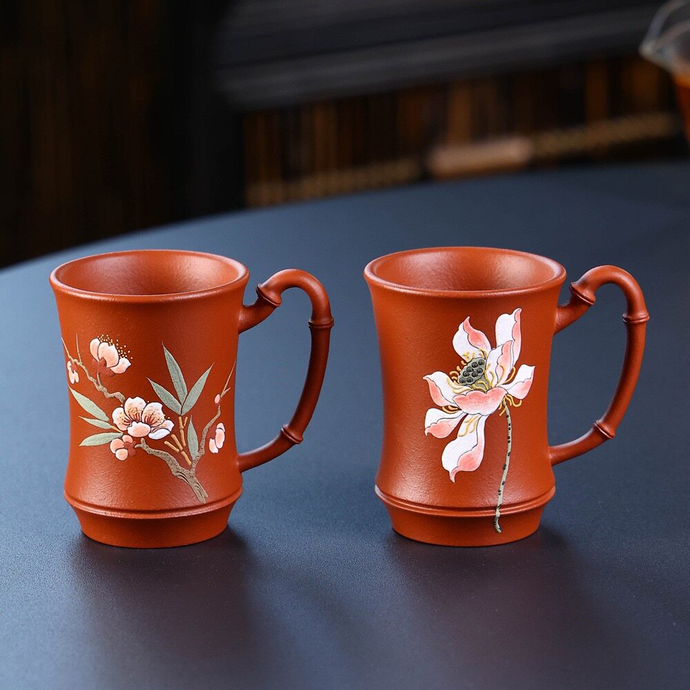 宜兴紫砂杯子带把杯主人杯手工泥绘喜上荷趣杯不烫手茶具配件