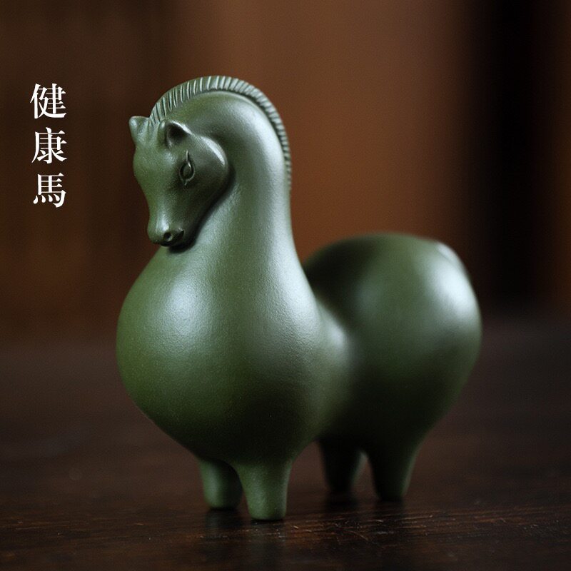 紫砂茶宠马摆件创意茶道绿泥生肖唐马茶具桌配件绿马陶瓷装饰