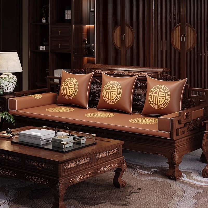牛皮新中式红木沙发坐垫凉席冬夏两用防水耐刮高档绣花实木沙发垫