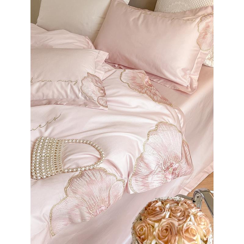 热销p66d公主风100支刺绣马棉四件套花卉粉色匹被套天丝床上用品