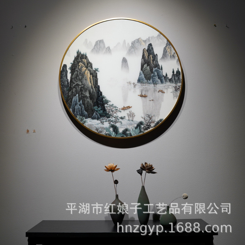 中国风漓江山水风景画纯手工苏绣刺绣玄关走廊过道客厅装饰画成品图片
