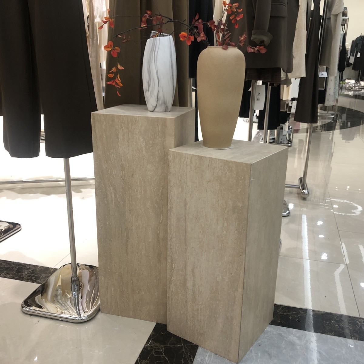 酒店服装店哑光方形天然洞石大理石边几装饰立柱工艺品摆件底座