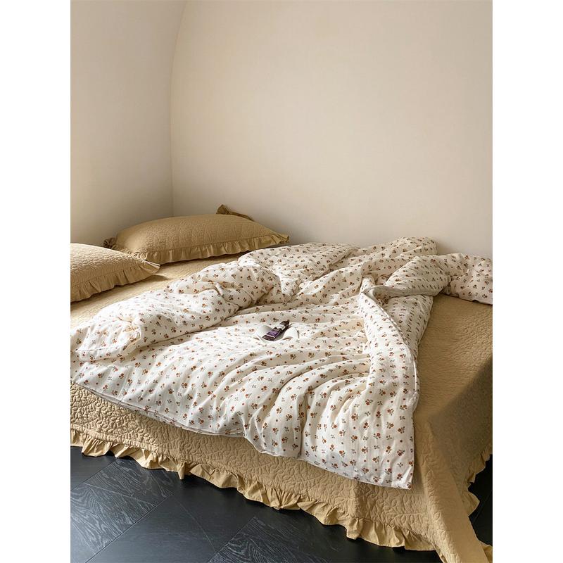 荷叶边素色夹棉加厚纱双层床单被套ins全棉水洗棉绗缝床盖三件套
