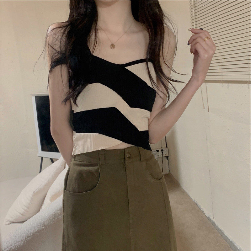 新品美背背心女外穿夏季条纹修身显瘦短款无袖内搭打底针织小吊带