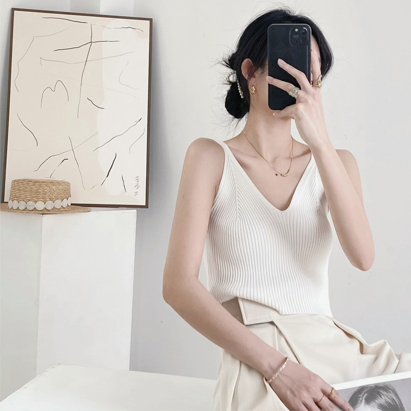 高货速发2023v领白色小吊带背心女短款外穿法式打底针织高腰内搭
