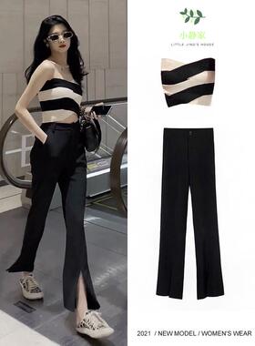 时尚黑色直筒开衩裤女2025夏季新款显瘦小众开叉薄