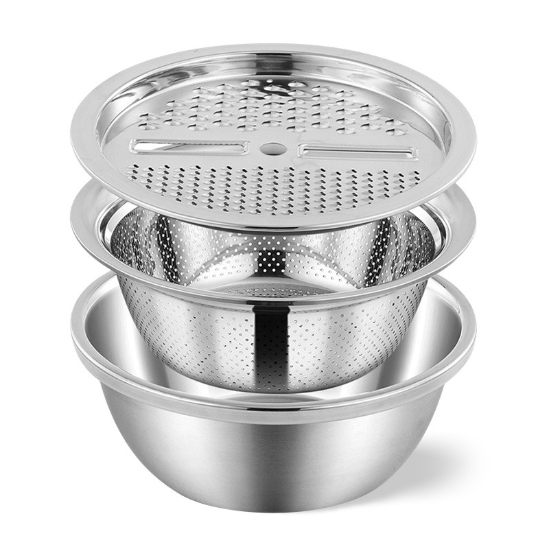热销贝格帝刨丝三件套组合三件套加厚不锈钢米筛盆厨房沥水篮多用