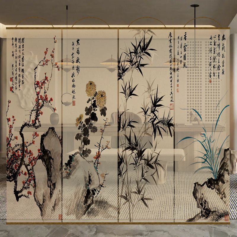 半透明花鸟莲花双面透景屏风纱中式卷帘隔断帘挂帘窗帘透光纱帘